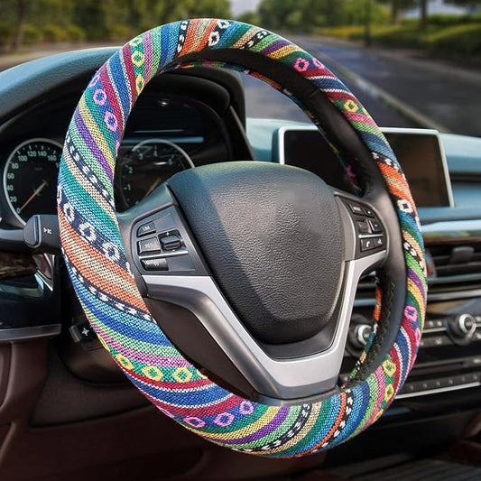 Valleycomfy Boho Steering Wheel Covers for Women Cloth Bohemian Universal | 15 inch Baja Blanket Enthic