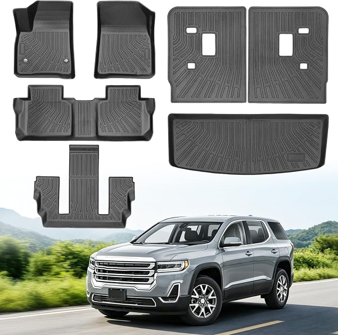 Floor Mats for GMC Acadia 6 Passenger (Not for 7 Seat) 2017-2023 | Heavy Duty TPE All Weather Protection, Waterproof Non-Slip Black Liners (Three-Row Floor Mats & Cargo Liner & Seatback Mat)