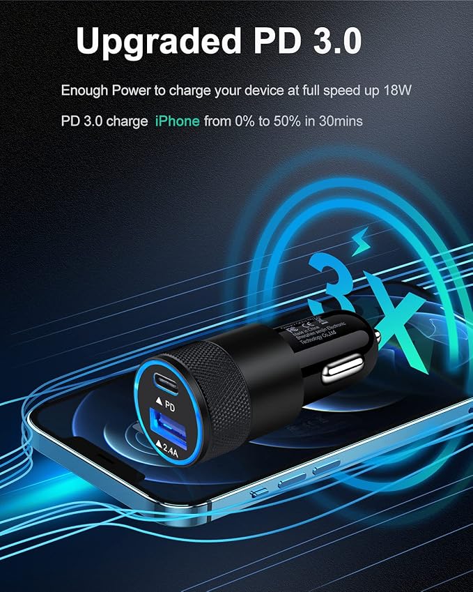 AILKIN 30W PD USB C Car Charger, USB Type C Fast Power Charging Block | Dual Port USB A & USBC Plug Cargador Carro Lighter Adapter for iPhone, iPad, Samsung Galaxy, Google Pixel, Moto, USB-C Port
