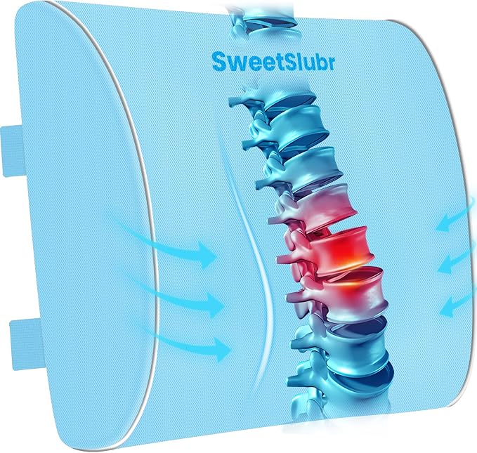 SweetSlubr Lumbar Support Pillow for Office Chair, Car & Gaming Chair, Ergonomic Memory Foam Cushion for Back Comfort, Zoned Back Support, Double Adjustable Straps,Breathable Washable Cover,Light Blue