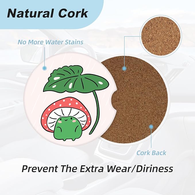 Cartoon Mushroom Frog Car Coasters for Cup Holders,2 Pack Car Cup Holder Coasters for Car,Ceramic Absorbent Car Coaster with A Finger Notch and Cork Base,Car Interior Accessories for Women Men
