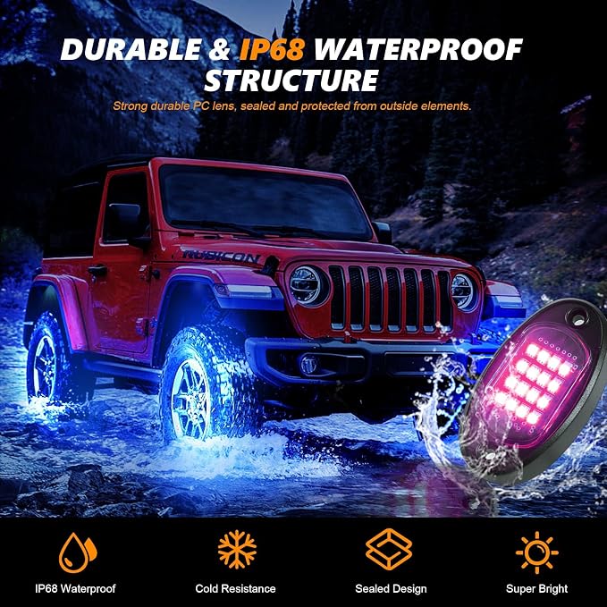 16 Pods RGB LED Rock Lights for Trucks Pickup Golf Cart Offroad RV UTV ATV SUV, Waterproof Multicolor Underglow Kit for Cars with APP Music Mode, Vehicle Underbody Light Underneath Accent 12V