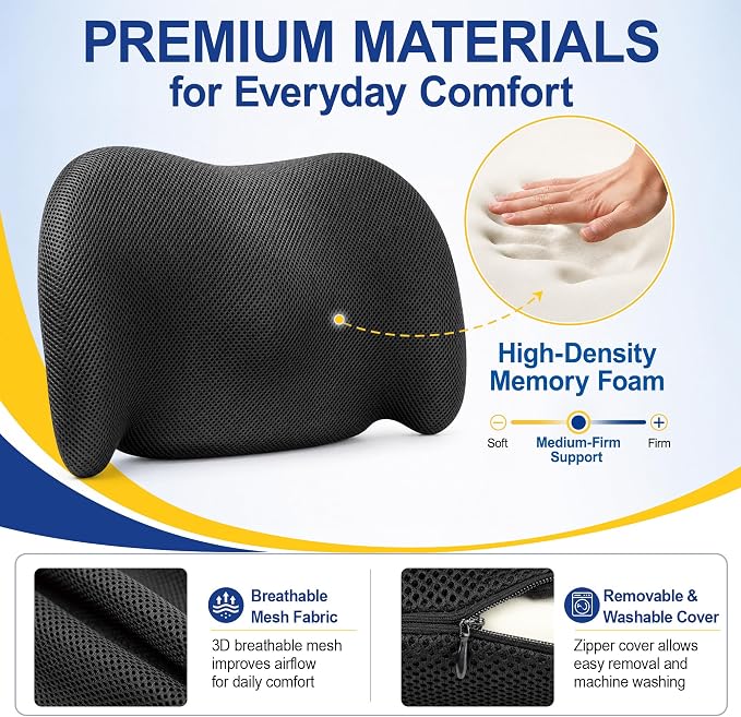 Lumbar Support Pillow for Car, Back Support Cushion for Office Chairs | Memory Foam Car Lumbar Support for Driving Seat, Adjustable Straps, Car Back Support for Long Drives, Office Chairs, Black
