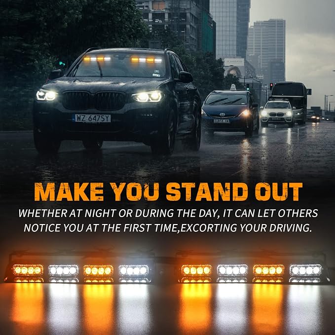 XRIDONSEN 2x 14 inch Dash Strobe Lights Amber White Emergency Lights | Interior Safety Warning Hazard Caution Lights Front/Rear Windshield Light Bar for Tow/Plow Trucks Construction Vehicles