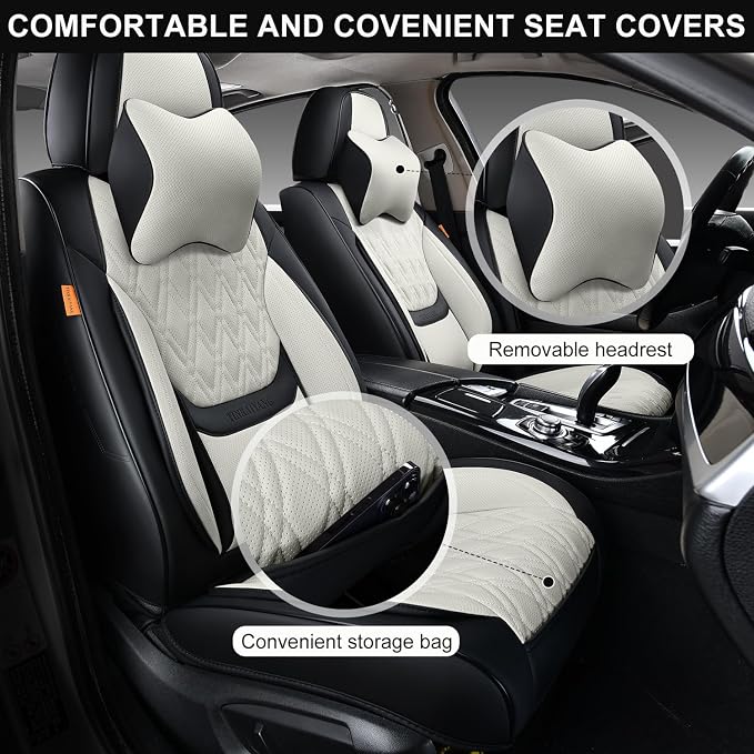 Car Seat Covers Front Pair, Breathable Leather Automotive Front Seat Covers with Headrest, Universal Automotive Vehicle Seat Cover for Most Sedan SUV Pick-up Trucks, Black&Beige