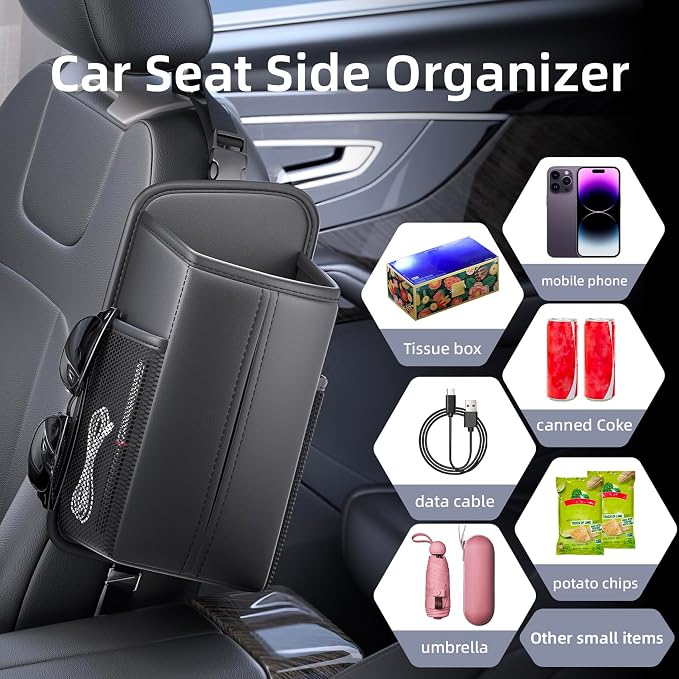 Car Tissue Holder for Front Seat, Headrest Organizer with 2 Side Mesh Pockets for Phones & Cards, L-Square Tissue Box Cover Holds 150 Tissues, Durable PU Leather