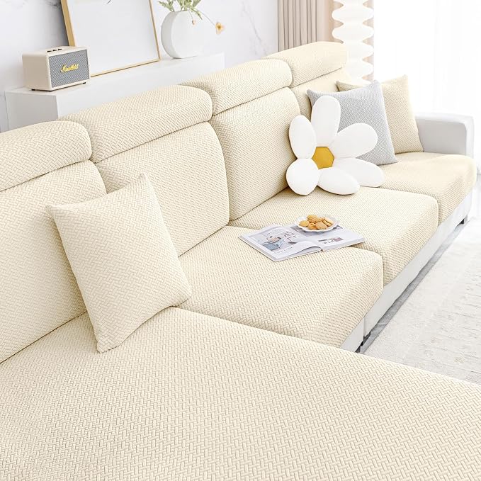 Smiry Waterproof Couch Cushion Covers, Stretch Jacquard Thick Sofa Cushion Covers, Washable Seat Slipcover Elastic Furniture Protector for Pets, Kid (Large, Beige)