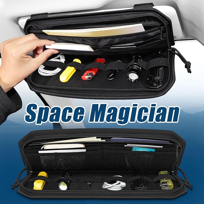 Car Sun Visor Organizer 2 PCS, Multi-Pocket Visor Organizer Storage Pouch | Car Visor Organizer for Cars, SUVs, Trucks with Net Zipper, Elastic Bands, Glasses Clip, Auto Interior Accessories Organizer