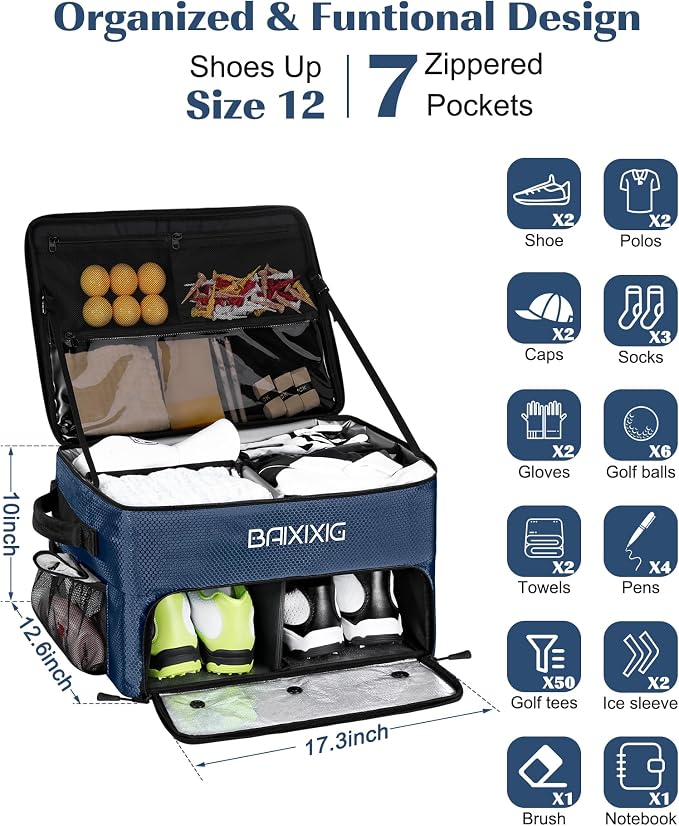 Golf Trunk Organizer, Waterproof Car Golf Locker with Separate Ventilated Compartment for 2 Pair Shoes, Golf Storage for Balls, Tees, Cap, Clothes, Gloves, Accessories, Gifts for Men, Women
