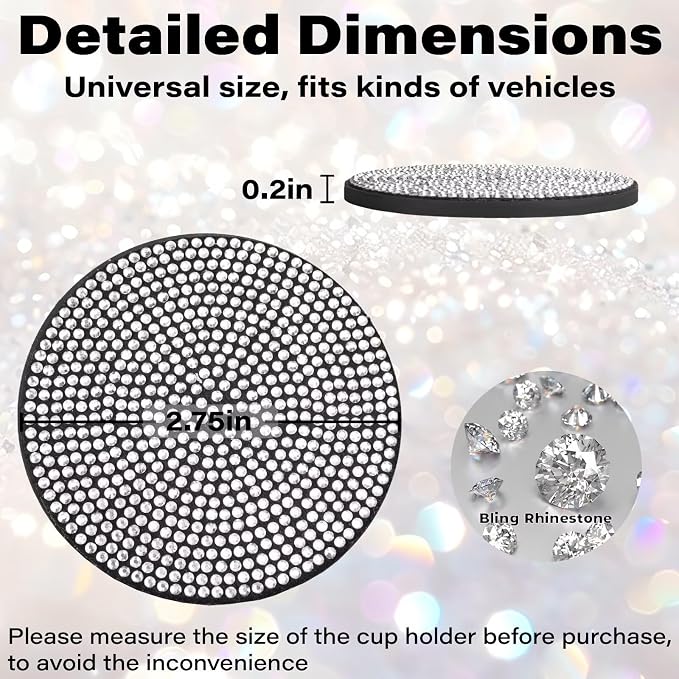 BFXM 4 PCS Bling Cup Holder Coaster, 2.75 inch Diamond Universal Non-Slip Silicone Cup Holder Coasters, Sparkly Bling Car Accessories for Women (White)