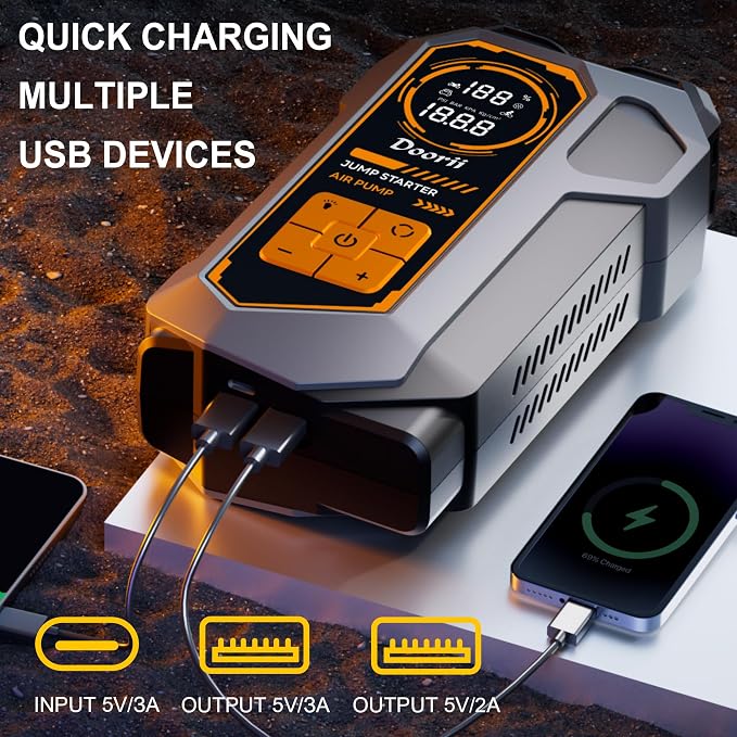8000A Jump Starter with Air Compressor, Car Jumper Starter Portable, 150PSI Tire Inflator/Air Pump, LED Flashlight for Up to All Gas / 12.0L Diesel Engines