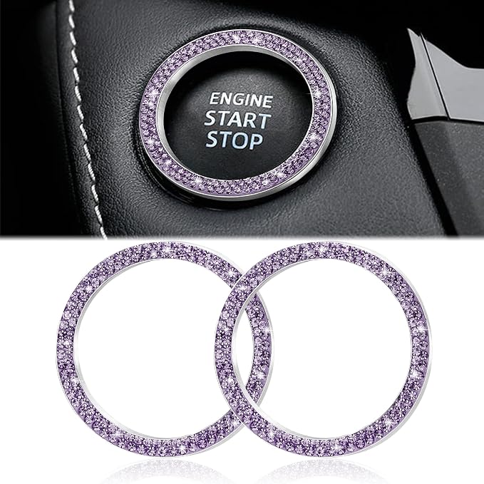 WINKA 2pcs Bling Car Engine Start Button Cover Diamond Crystal Push Start Stop Button Ring Sparkly Bling Ignition Button Cover Rhinestone Keyless Ignition Ring Universal Car Accessories (Light Purple)