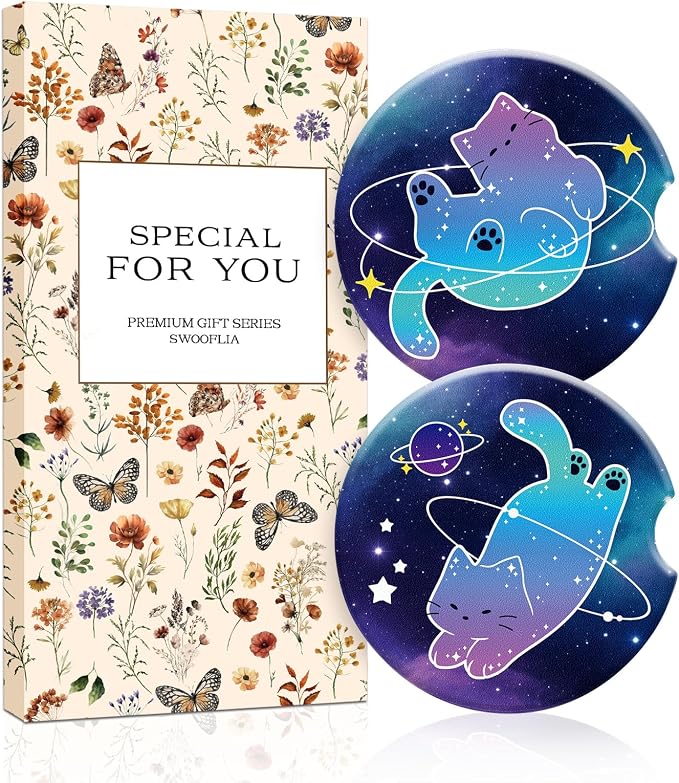 Swooflia 2 Pack Absorbent Ceramic Car Coasters for Women - 2.55 Inch Galaxy Cosmic Cat Car Cup Holder Coasters with Cork Base, Funny Car Accessories, New Driver Gifts