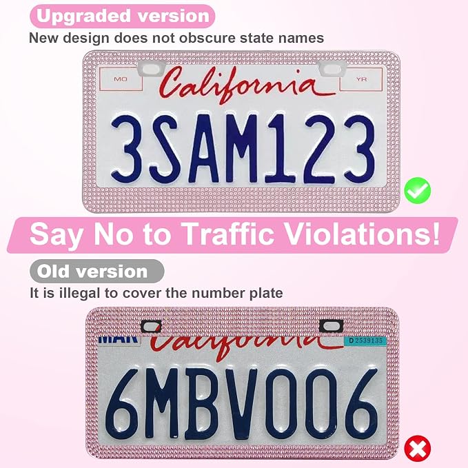 QUANQIUFEI 2 Pack Bling License Plate Frames for Women, Sparkly Rhinestone Diamond Car Accessories with Glitter Crystal Caps (Pink)