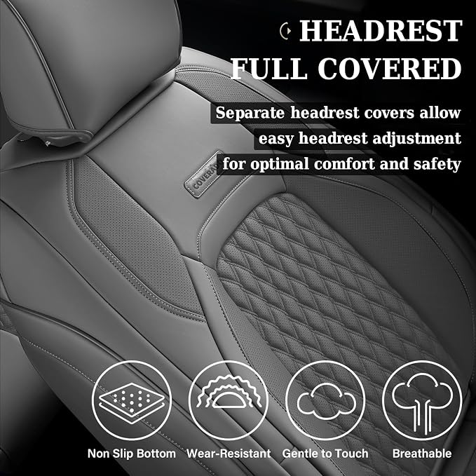 Coverado Chevy Chevrolet Silverado GMC Sierra Seat Covers Full Set, Custom Fit for 2014-2018 1500, 2015-2019 2500HD 3500HD Crew Double Extended Cab Truck, Waterproof Leather Car Seat Covers (Gray)