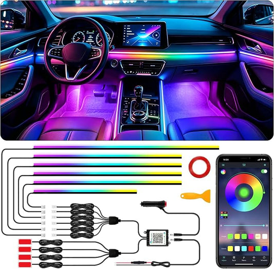 Interior Car LED Strip Lights with Wireless APP, Ambient Lighting Kits with Dynamic Dreamcolor Chasing, 16 Million Colors Acrylic LED Lights for Car, Sound Active Function Car Neon Lights (10 in 1)