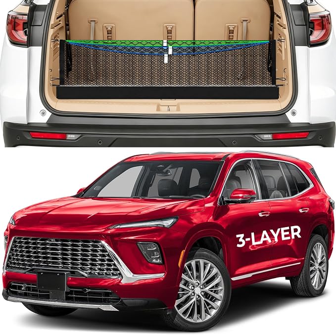 Zoned Storage Cargo Net for GMC Acadia, Buick Enclave/Chevrolet Traverse | 2024-2026, 3-Layer Trunk Net for SUV with Zipper Bag, Heavy Duty Oxford Trunk Organizer Nets, Tool-Free Install for Camping