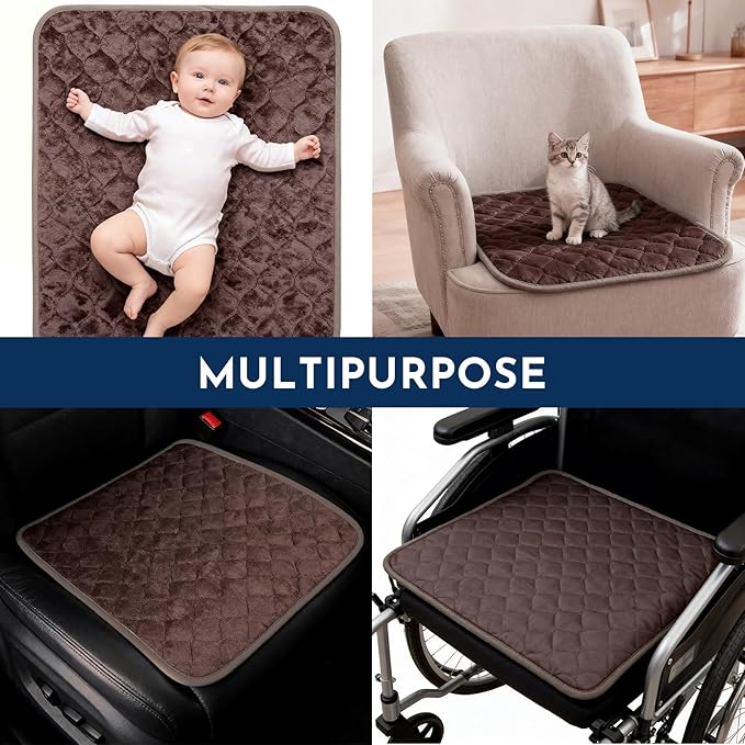 Reusable Waterproof Incontinence Chair Pads (22" x 21") - Machine Washable Seat Protector - Chair Protector Seat Cover, Extra Heavy Absorbency, Seat, Car, Wheelchair & Recliner (Brown, 4 Pack)