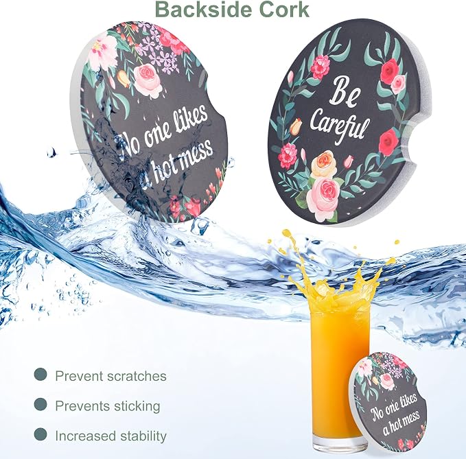 Boao 4 Pcs Floral Car Cupholder Coasters for Valentine's Day, Ceramic Coasters 2.56'' Anti Slip Base with Finger Notch for Dry Clean, Car Interior Accessories, Birthday Gifts
