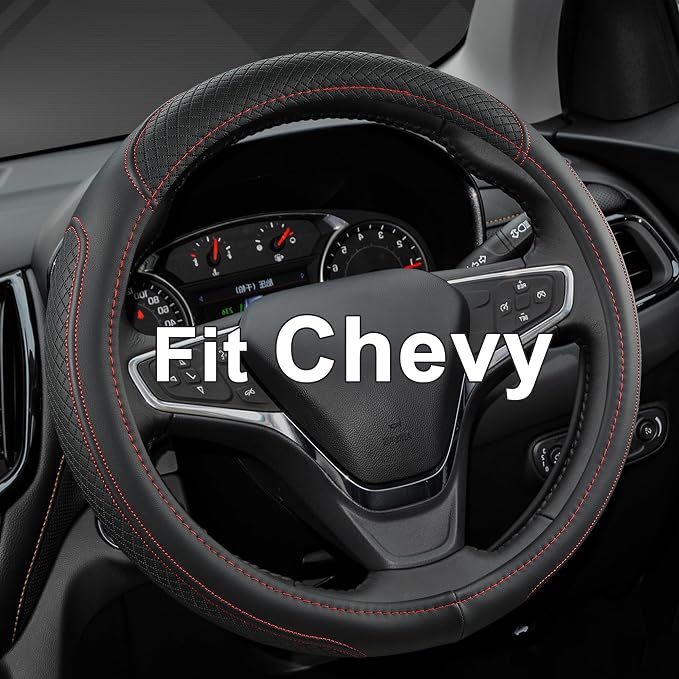 West Llama Customized Auto Car Steering Wheel Cover for Chevy 14.5-15 inches, Steering Wheel Cover for Chevrolet (Black+Red - Standard Size)