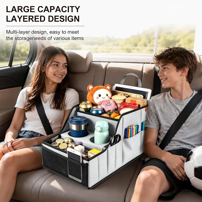 Car Seat Organizer Back Front Captains Seats Storage Travel | Car Organizer, Back Seat Car Organizer, Car Seat Organizer Front Seat – 9 Compartments, 2 Cup Holders – Foldable