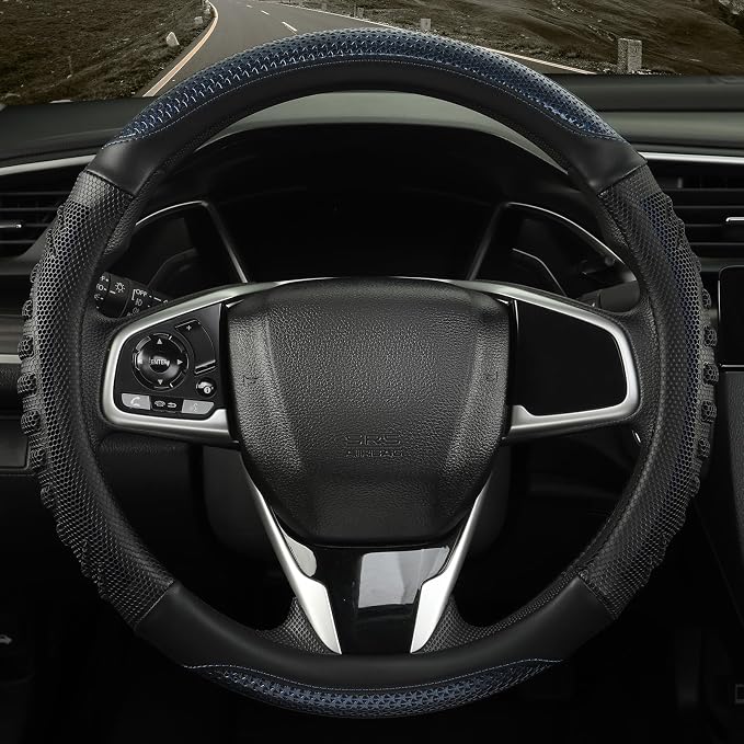 Anti-Slip Silicone Steering Wheel Cover Great Grip with 3D Honeycomb | Sporty Design Large 16 inch for F150 F250 F350 Model S X Ram 4Runner Tacoma Tundra Range Rover, Black with Blue
