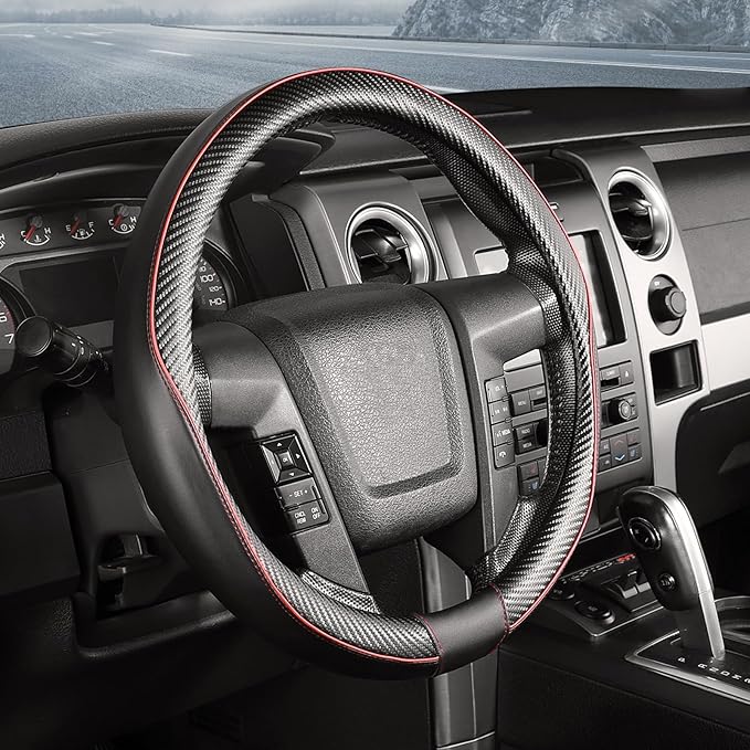 SEG Direct Car Steering Wheel Cover Large-Size for F150 F250 F350 Ram 4Runner Tacoma Tundra Range Rover with 15 1/2"-16" Outer Diameter Leather with Carbon Fiber Pattern Black and Red