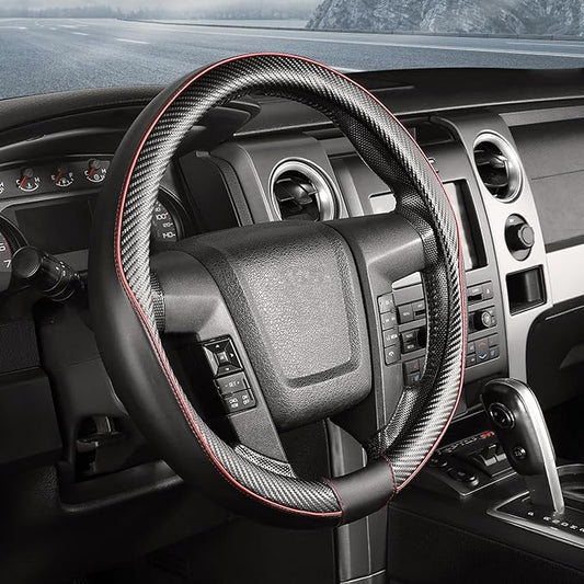 SEG Direct Car Steering Wheel Cover Large-Size for F150 F250 F350 Ram 4Runner Tacoma Tundra Range Rover with 15 1/2"-16" Outer Diameter Leather with Carbon Fiber Pattern Black and Red