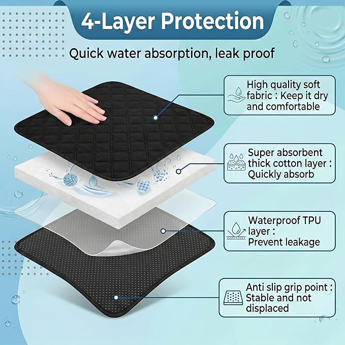 4 Pack Waterproof Chair Pads for Incontinence, 21" X 22" Absorbent Seat | Protector Pads Reusable Wheelchair Seat Pad Non-slip Waterproof Chairs Covers for Wheelchair, Bed, Elder and Pet