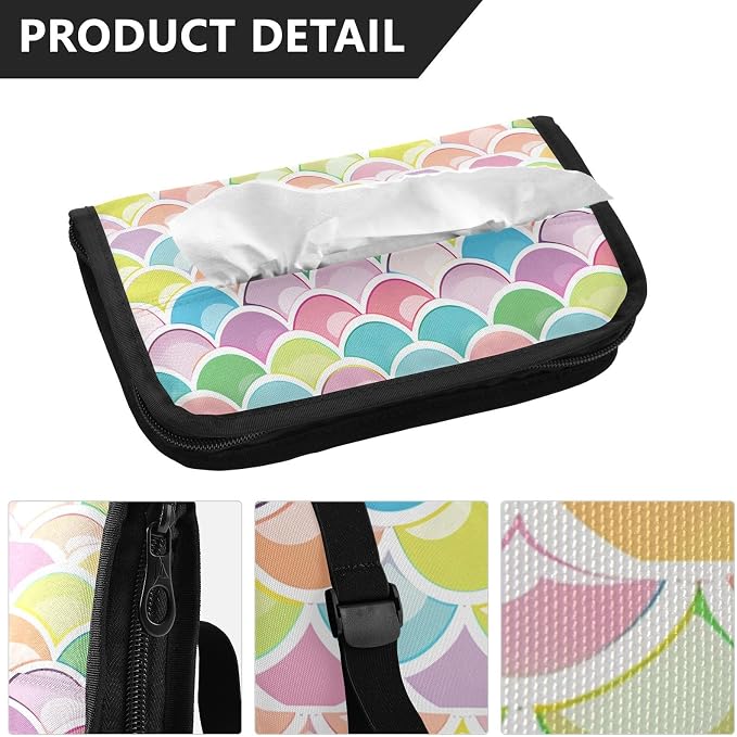 Car Tissue Holder Car Napkin Holder Tissue Box Dispenser Storage Case Sun Visor Mask Holder Accessories with Adjustable Straps Reusable Refillable Bright Multicolor Mermaid Scale