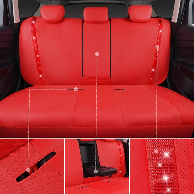 CAR PASS Bling Diamond Car Seat Covers Full Set, Shining Rhinestone Waterproof Faux Leather, Rear with Zipper, Universal Fit Automotive Glitter Crystal Sparkle Strips for Cute Women Girl, Red