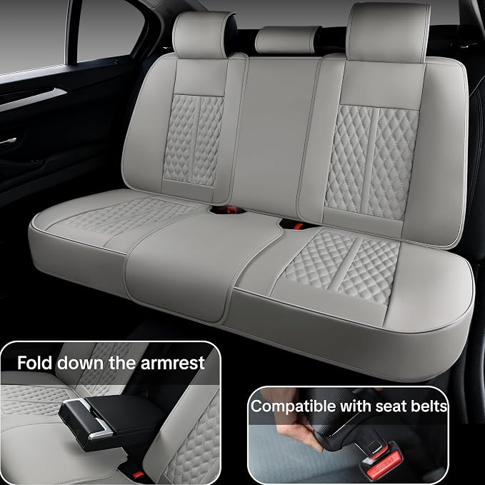 Car Seat Cover Complete Set, Light Gray, Suitable for Most Cars | with Lumbar Support, Premium Artificial Leather, Waterproof and Easy to Clean, Airbag Compatible