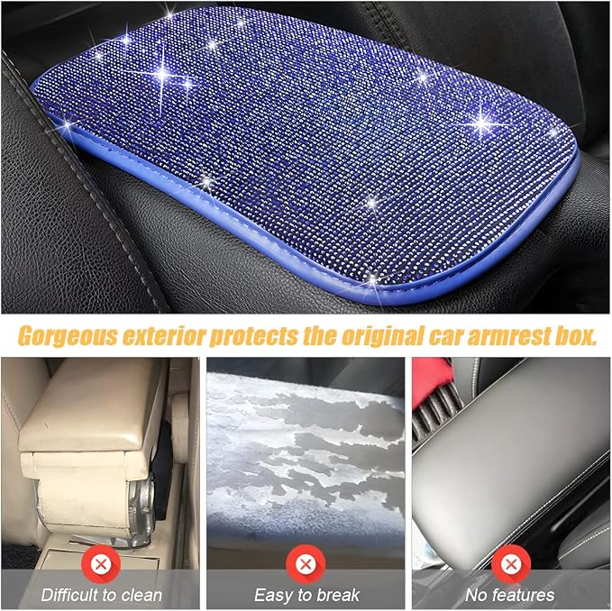 Moly Magnolia Bling Center Console Cover, Diamond Fashion ArmRest Pad, Crystal Soft Arm Rest Protective Cushion, Car Accessories for Women Girls, 11.8"×8.5" for Most of Vehicles, SUVs, Trucks (Blue)