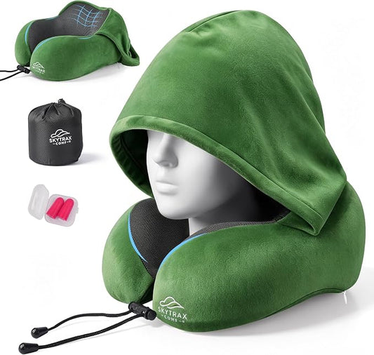 SkytraxComf® Travel Neck Pillow with Hood for Privacy on Long Flights | Memory Foam | Airplane Sleep | Safety-Tested Materials | Extra Large Hood | Chin Support | Earplugs | Washable Cover