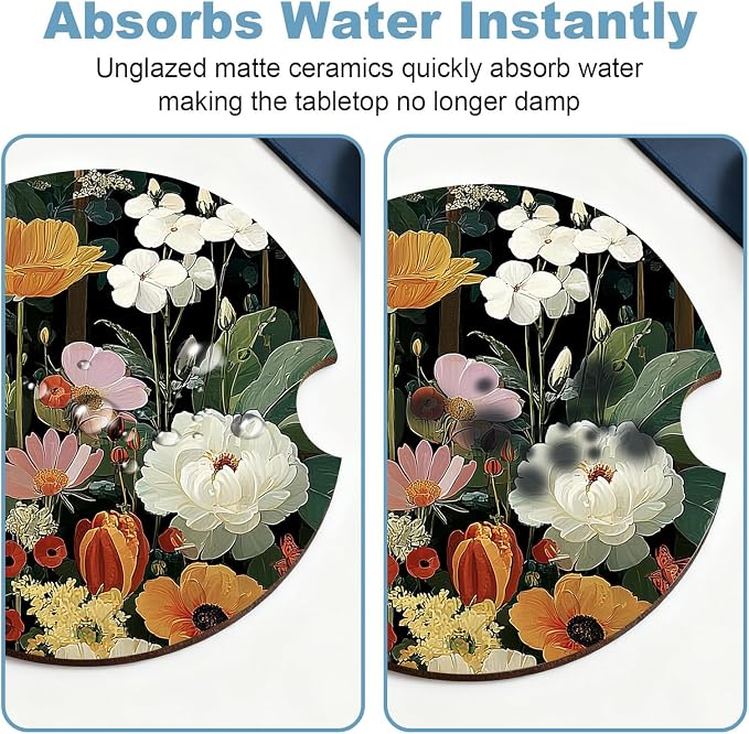 Car Cup Holder Coaster Set of 2, 2.56 in Ceramic Coasters, Scratch-Resistant Cork Backing, Finger Groove Design for Easy Placement, Cute Car Accessories Interior for Women (Black Flowers)