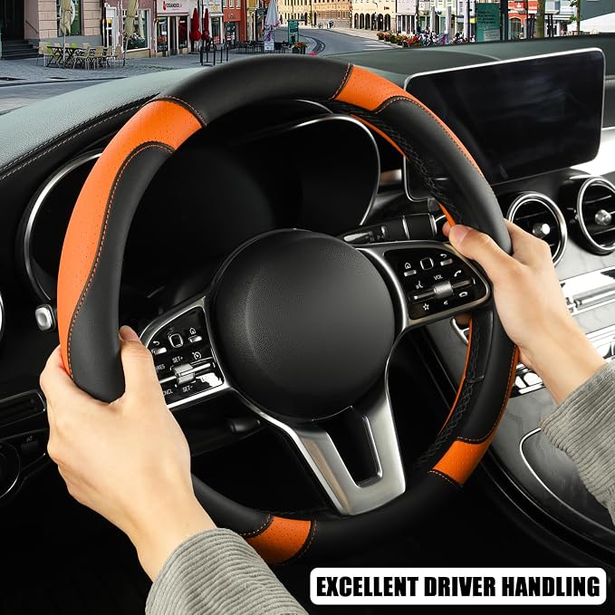 Black Orange Breathable Microfiber Leather Steering Wheel Cover | Breathable Anti Slip Grip Cool Sporty Look Glow for Women Men