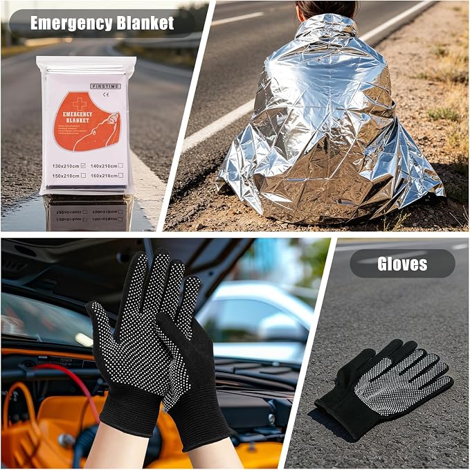 Car Roadside Emergency Kit for Vehicles, Portable Air Compressor Tire Inflator Auto Car Safety Kits Teen Driver Must Haves Black