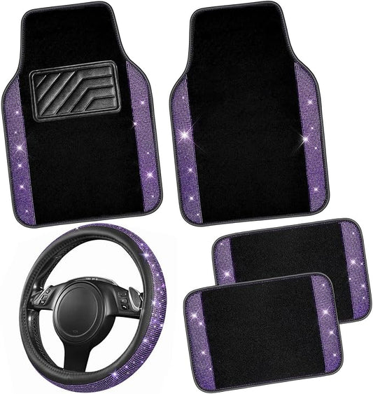 CAR PASS Bling Diamond Leather Steering Wheel Cover 14.5in-15in Floor Mats Shining Rhinestone Carpet Sparkly Glitter Crystal Anti-Slip Pad Fit Automotive SUV Pickup Truck Girl Women, 5pcs Black Purple