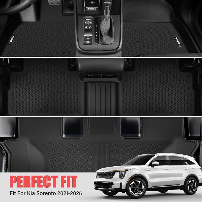 Floor Mats & Trunk Mat with Backrest Mat for 2021-2026 Kia Sorento Hybrid | All Weather TPE Rubber Cargo Liner Back Seat Cover 3rd Row for 2026 Sorento hybrid 6&7 Seats Accessories(Not for fuel)
