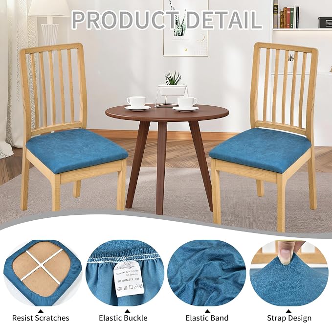 HAOYONG Waterproof Chair Seat Covers with Elastic Ties, Dining Room PU Chair Cover Seats Removable Washable Chair Protector Seat Cushion Slipcovers for Home, Kitchen (4PCS-Blue)