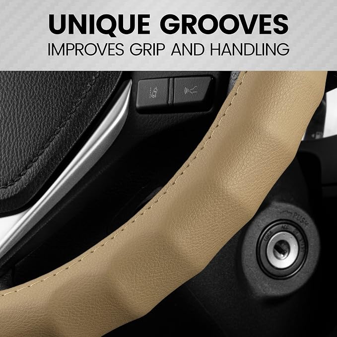 BDK Beige Leather Car Steering Wheel Cover Large Size 15.5 to 16 inch, Easy Installation