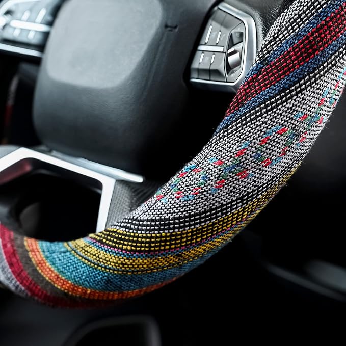 Valleycomfy Boho Steering Wheel Covers for Women Cloth Bohemian Universal | 15 inch Baja Blanket Enthic Grey
