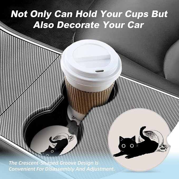 Cute Black Cat Car Coasters for Cup Holders,2 Pack Car Cup Holder Coasters for Car,Ceramic Absorbent Car Coaster with A Finger Notch and Cork Base,Car Interior Accessories for Women Men