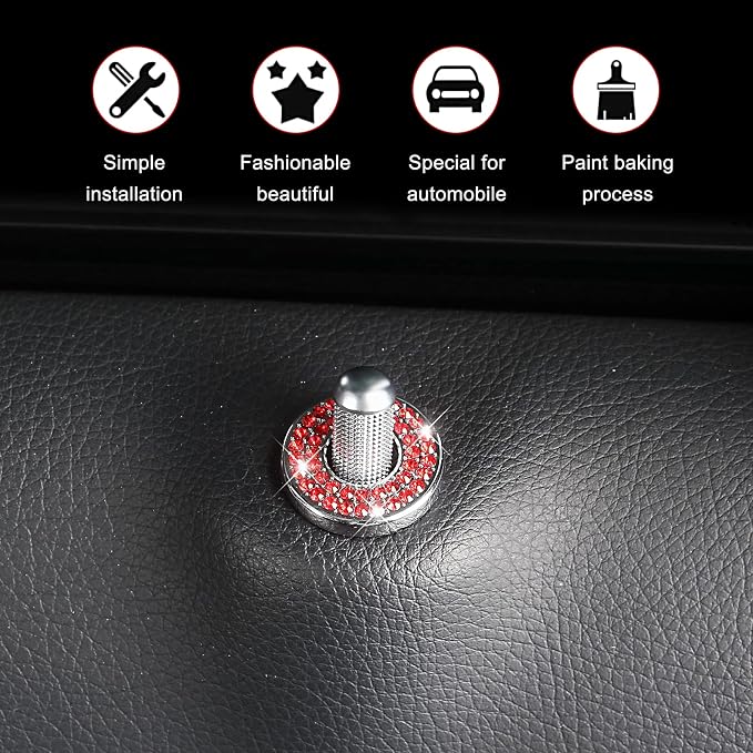 4 Pack Bling Car Inner Door Lock Covers, Rhinestones Pull Rod Bolt Decoration Stickers, Auto Universal Sparkly Door Bolt Cap, Compatible with Mercedes-Benz A/B/C/D/E Class (Red)