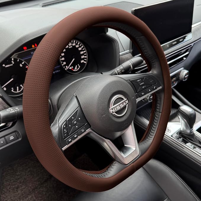 PINCTROT D Shaped Nappa Leather Steering Wheel Cover, Slim Fit No Bulk Design, One Piece Leather with Breathable Perforation, Fit Like Gloves, Flat Bottom 14.5-15 Inch(Nappa Brown)