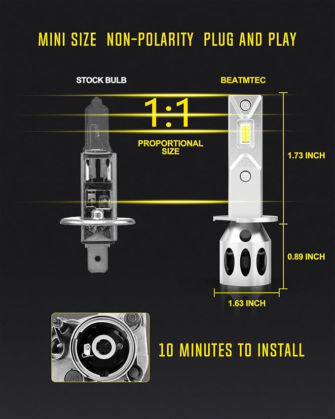 BEAMTECH H1 Bulbs, 300% Brighter 6500K White Fog Light, Pack of 2