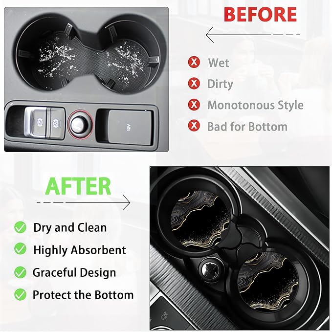 Black Gold Marble Car Coasters for Women 2 Pack,Abstract Lines Absorbent Car Coasters for Cup Holders Insert Ceramic Anti Slip with Finger Notch & Cork Base Auto Accessories Gifts