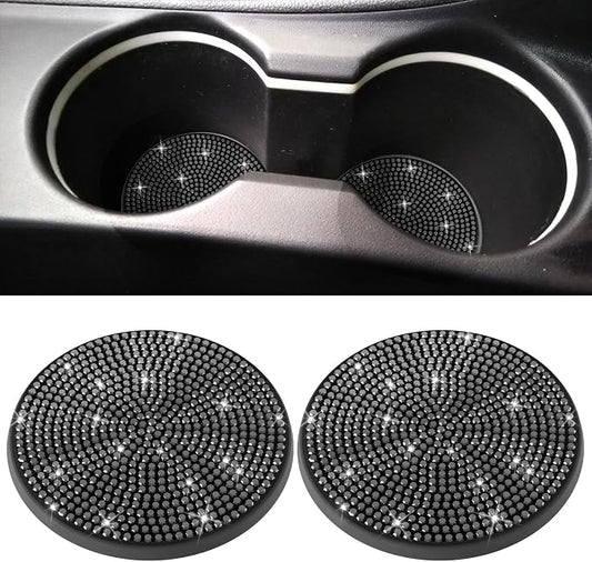 BFXM 2 PCS Bling Cup Holder Coaster, Car Accessories for Women 2.75 inch Diamond Universal Non-Slip Silicone Cup Holder Coasters, Sparkly Bling (Black)