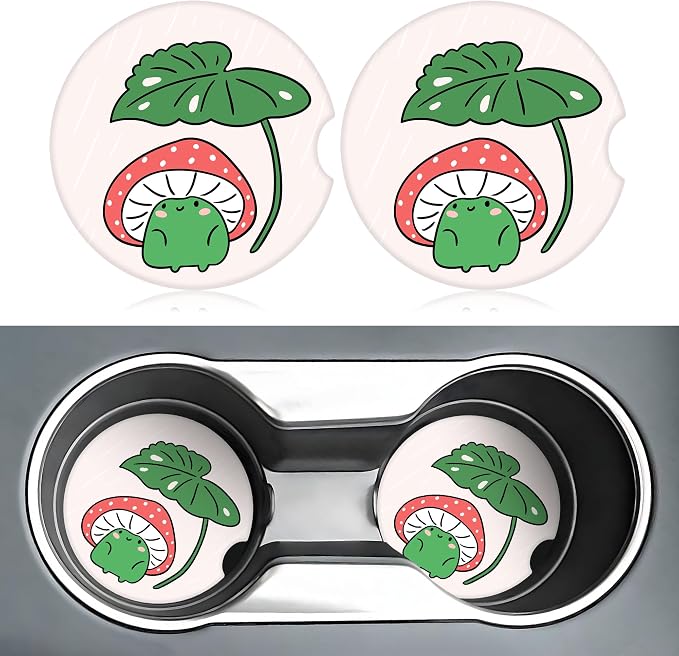 Cartoon Mushroom Frog Car Coasters for Cup Holders,2 Pack Car Cup Holder Coasters for Car,Ceramic Absorbent Car Coaster with A Finger Notch and Cork Base,Car Interior Accessories for Women Men