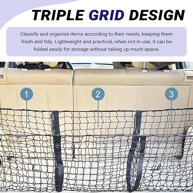 Car Cargo Net, Expandable 3 Pocket Trunk Organizer Mesh, High-elastic Storage Net with 4 Carabiners, Universal Storage Accessoryfor Car, SUV, Pickup Truck (Black)